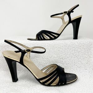 BRUNO MAGLI women black satin open toe evening shoes.